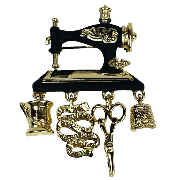 Ajc Jewelry - Vintage AJC Sewing Machine Brooch Pin Gold Tone Dangle Charms Scissors Thimble